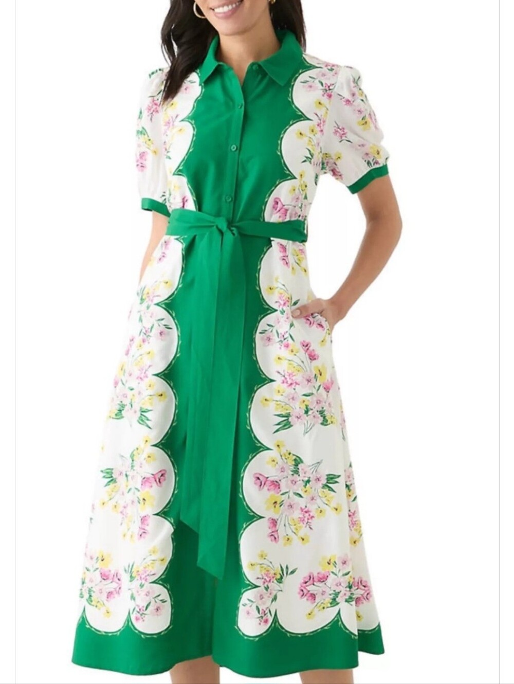 CROWN & IVY Floral/Scallop Print Short Sleeve Shirt Dress Green/Multi Sz L